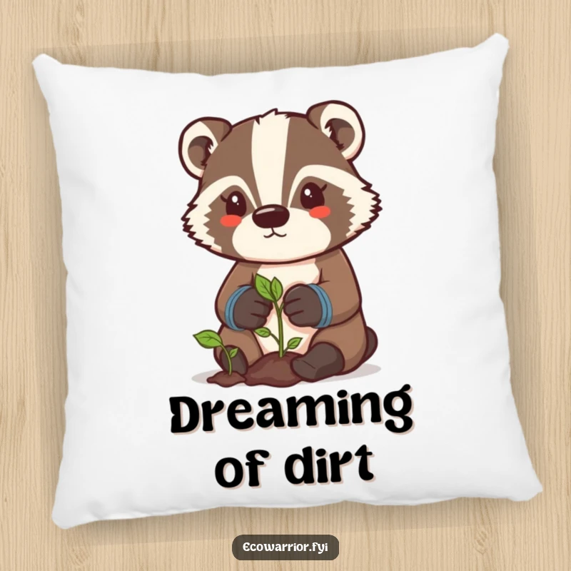 Funny badger gardener pillow with a determined character in gloves, tending a sprout, offering cute home decor humor.