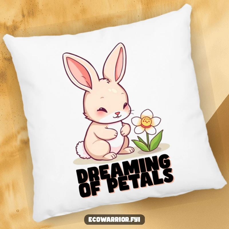 Funny rabbit character curiously observing a blooming flower on a plush pillow, creating a serene and whimsical atmosphere, ideal for funny pillow lovers.