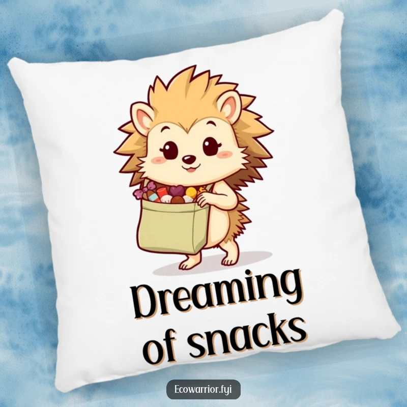 Funny hedgehog character on a soft pillow, carrying a reusable bag of treats, offering cozy preparedness and humor.