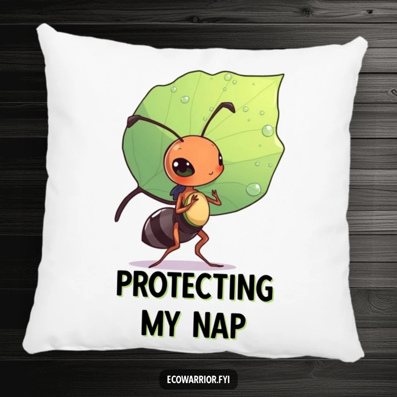 Funny pillow with a diligent ant carrying a leaf shield, offering comfort and a symbol of strength.