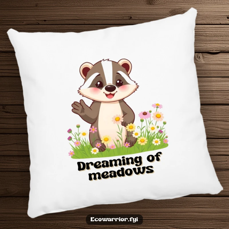 Funny pillow featuring a smiling badger amidst wildflowers, perfect for adding soft, humorous decor.