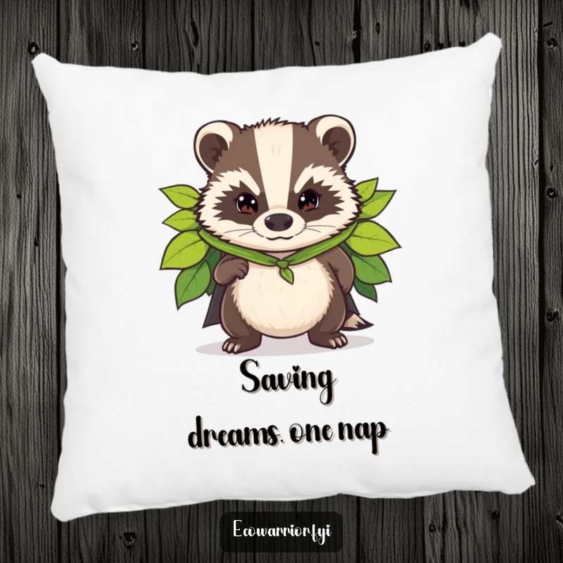 Funny pillow showcasing a determined badger in a superhero cape of leaves, offering comfort and a heroic presence.