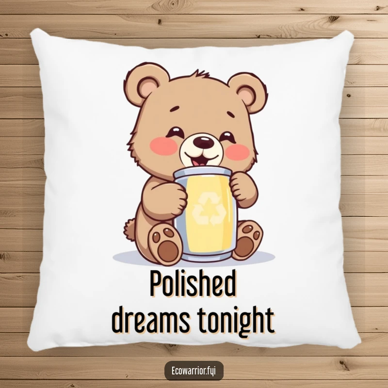 Funny bear cub pillow, showing a happy cub gleefully polishing a shiny recycled can, adding eco-friendly charm to decor.