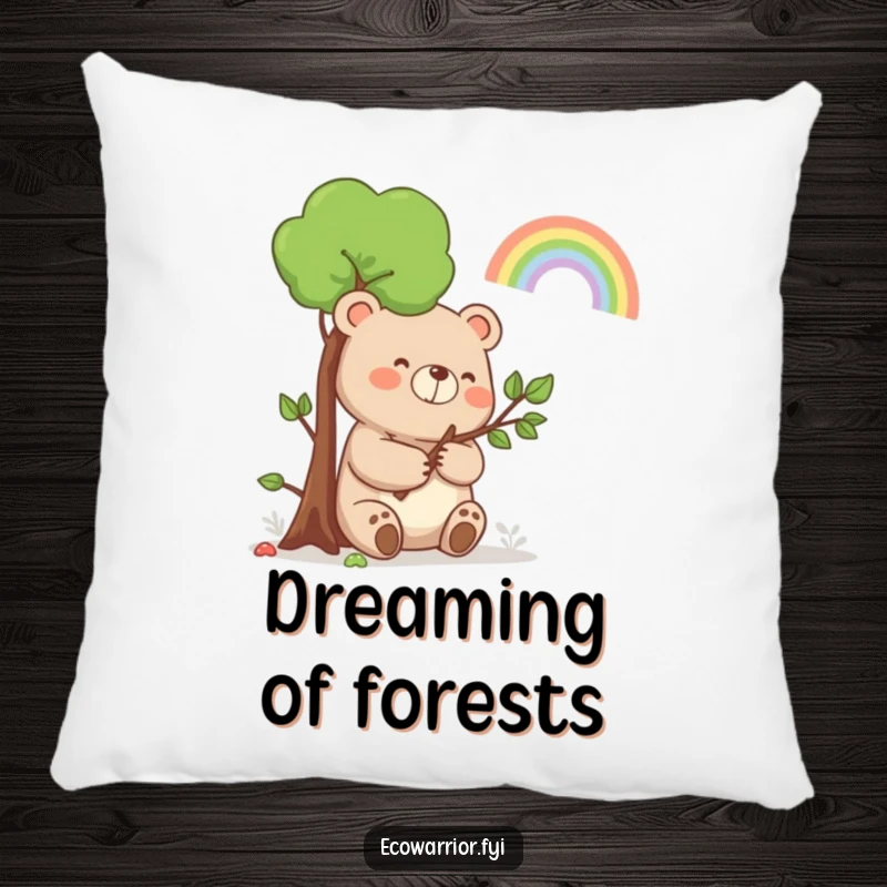 Funny Bear Rainbow Pillow: A happy bear holding a sapling, smiling at a rainbow, offering soft nature humor.