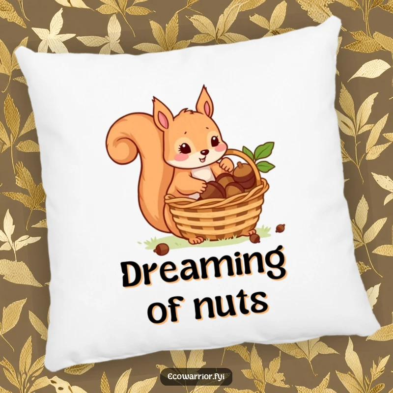 Funny pillow featuring a playful squirrel carefully placing acorns into a basket, a cozy and humorous accent for a sofa or bed.