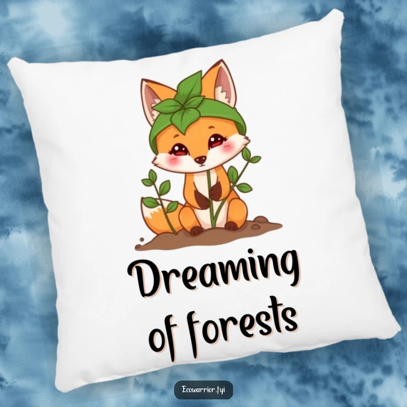 Funny Fox Planting Sapling Pillow with a determined fox in a leaf helmet, offering cozy, eco-friendly decor.