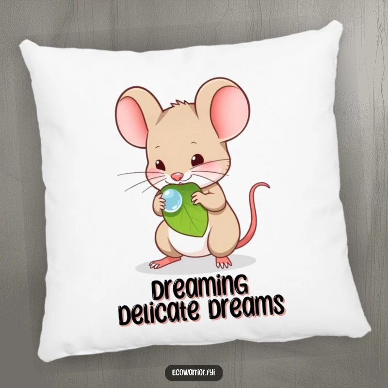Funny Pillow featuring a timid mouse carefully balancing a dewdrop on a leaf.