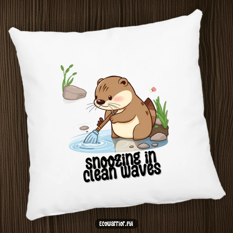 Funny pillow featuring a diligent otter with focused glee, cleaning a riverbank, offering cozy humor and tidiness.