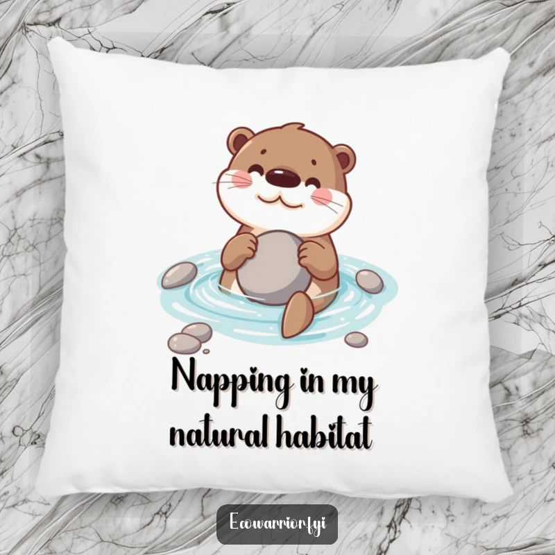 Funny pillow featuring a cheerful otter swimming with a favorite stone, perfect for adding humor to home decor.