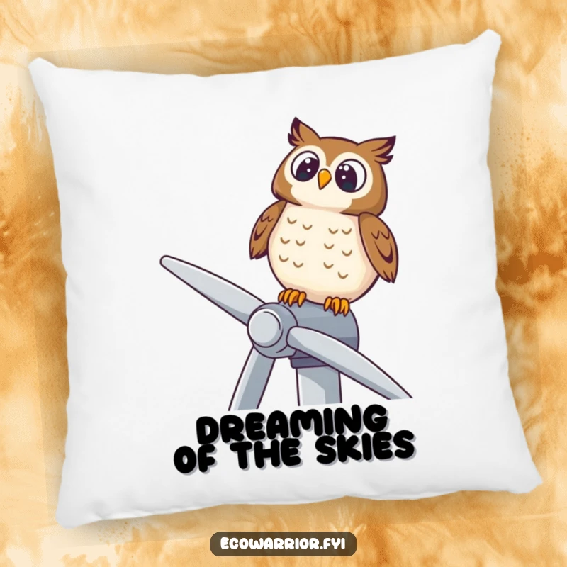 Funny pillow featuring a delighted owl perched on a wind turbine, looking upwards, offering soft comfort and thoughtful design.