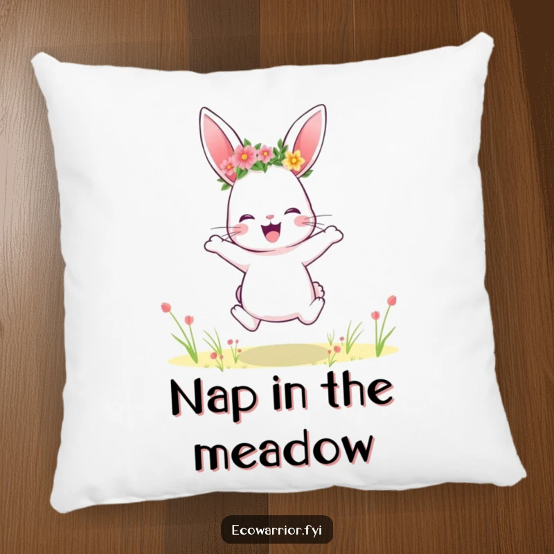 Funny rabbit pillow, wearing a flower crown, jumping joyfully in a field, providing comfort and cheer.