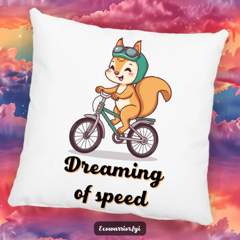 Funny squirrel pillow with a soft texture, featuring a playful squirrel riding a recycled bike with a smile.