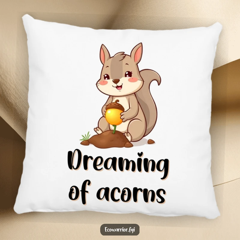 Funny squirrel planter pillow, cheerful squirrel planting a tiny glowing acorn with a smile. Soft and enchanting decor. Perfect.