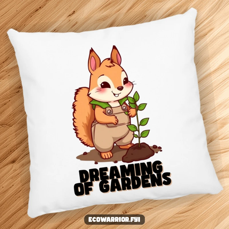 Funny throw pillow featuring a cute squirrel character in leafy overalls, energetically planting a tiny seedling, offering cozy garden vibes.