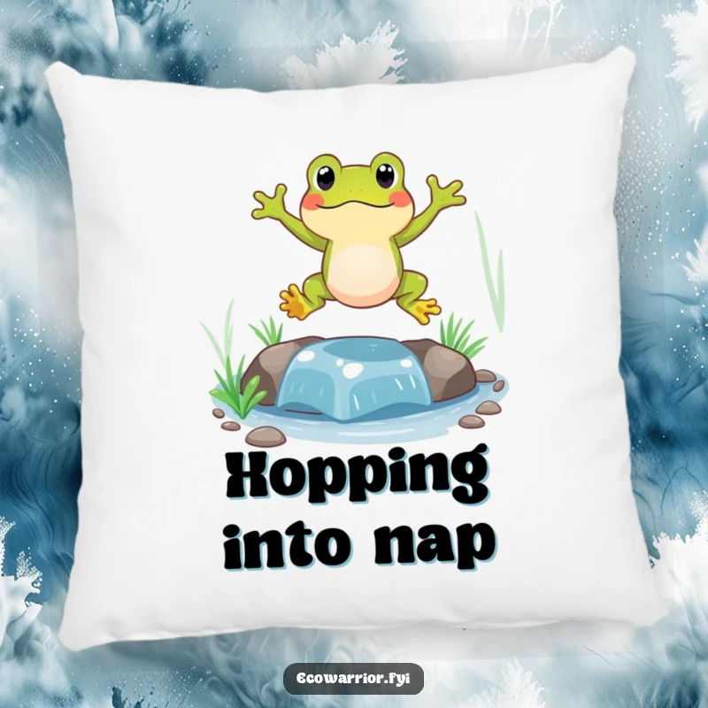 Funny Frog Pillow showcasing a happy, jumping frog in mid-air above a tranquil, clean stream, adding whimsy to comfort.