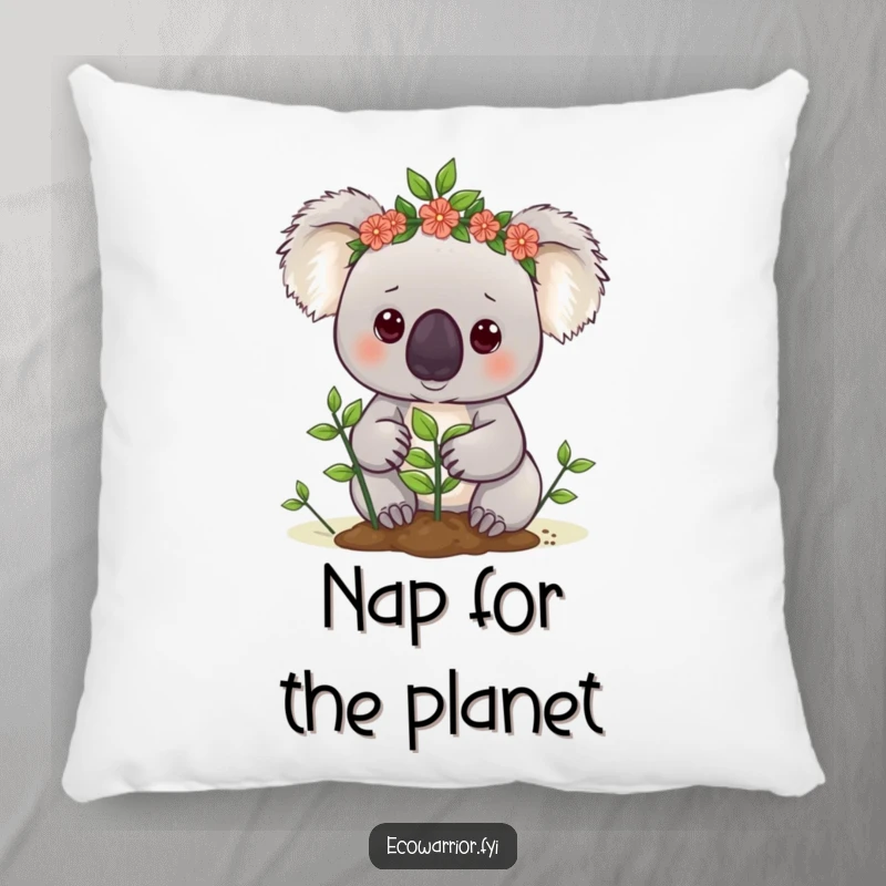 Funny koala pillow with a soft texture, featuring a cute koala in a leaf crown planting a sapling, cozy and green.