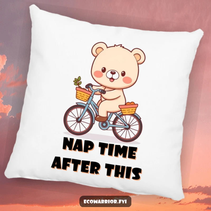 Funny Bear Cub Pillow featuring a cheerful character riding a bicycle with a basket, offering comfort and a dose of pure, humorous joy.