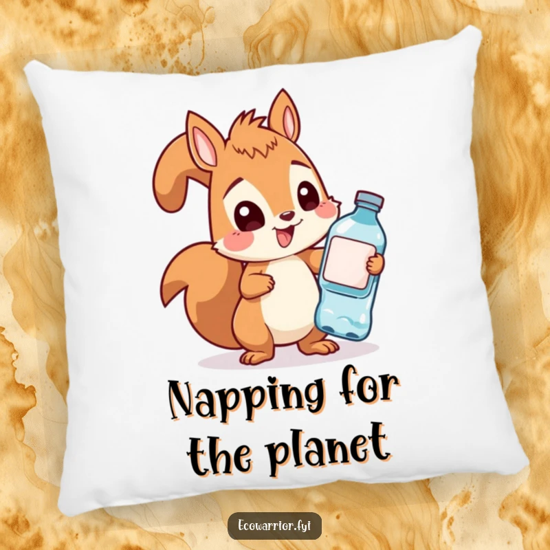 Funny squirrel character depicted on a soft pillow, diligently collecting plastic bottles, offering comfort and eco-humor.