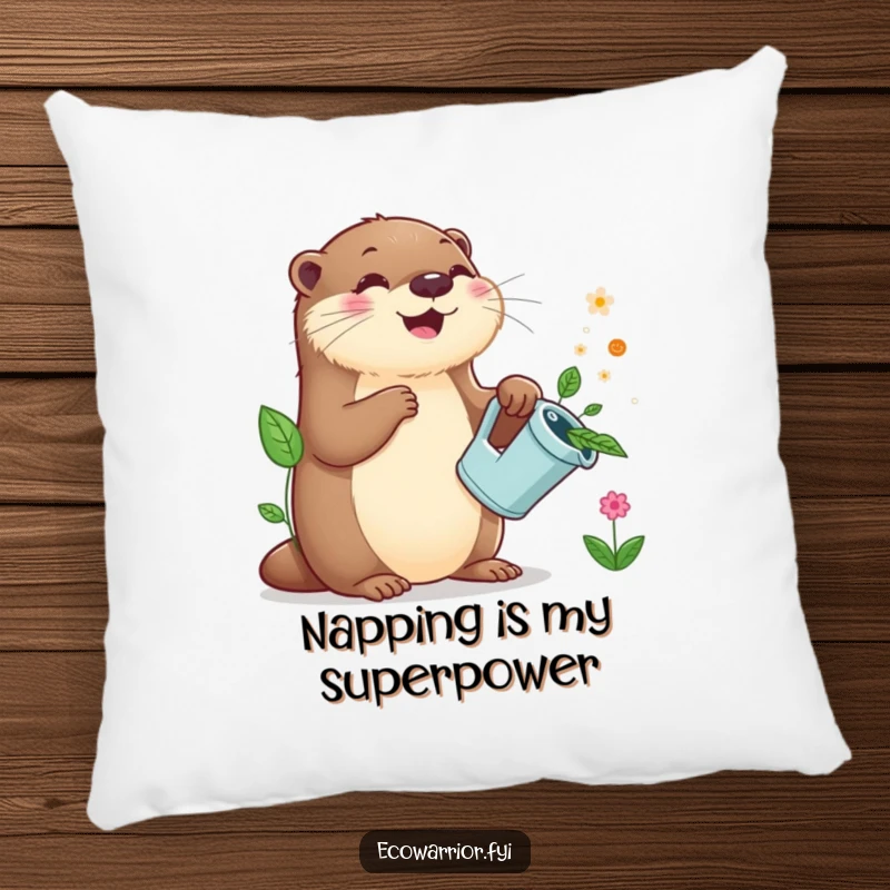 Funny Otter Gardener Pillow: A cheerful otter with a leaf watering can sprinkles water on plants, offering soft comfort and cute decor.