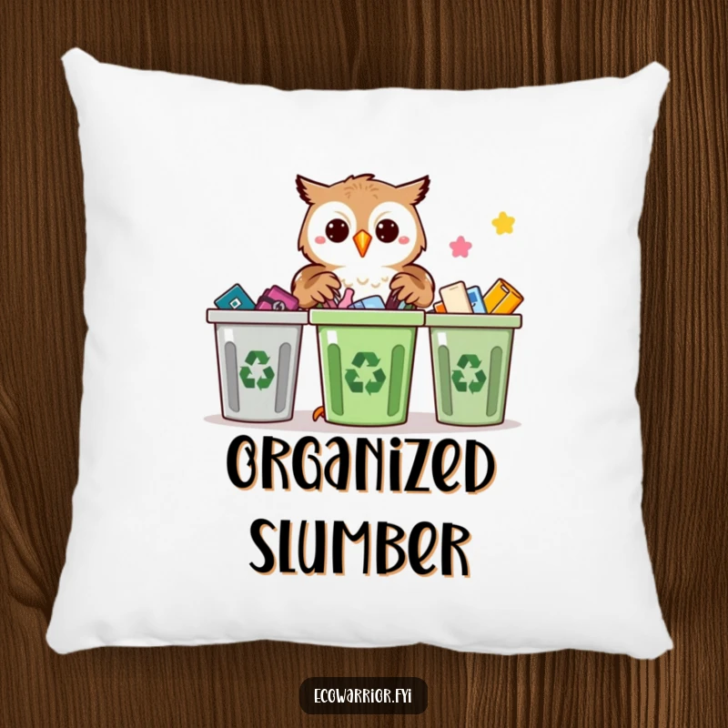 Funny Proud Owl Recycling Pillow: A soft pillow with a proud owl sorting recyclables, perfect for cozy spaces.