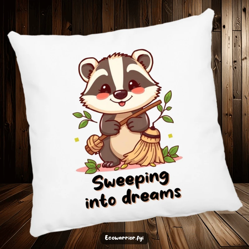 Funny Badger Sweeper Pillow: A cheerful badger with a twig broom sweeps leaves, offering soft comfort and decorative charm.