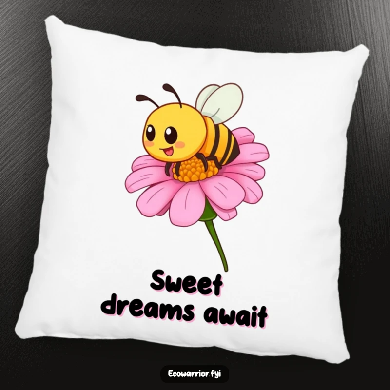 Funny pillow featuring a proud bee buzzing around a wildflower, providing cozy comfort and a humorous symbol of nature's sweet bounty.