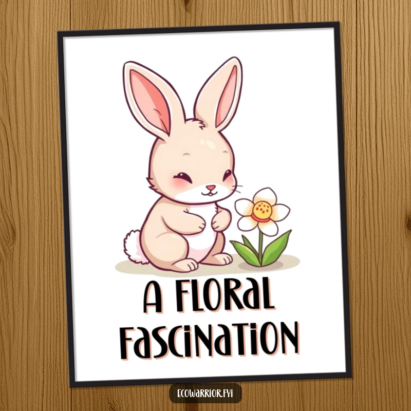 Funny rabbit character curiously inspecting a blooming flower, depicted in a digital art print, showcasing nature's delicate beauty with humorous appeal, perfect for funny art buyers.