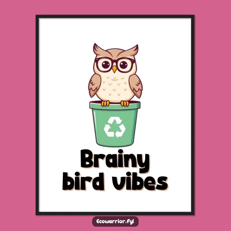 Funny Wise Owl Digital Art: Spectacled Bird on Recycling Bin, Hilarious Printable Eco Gift
