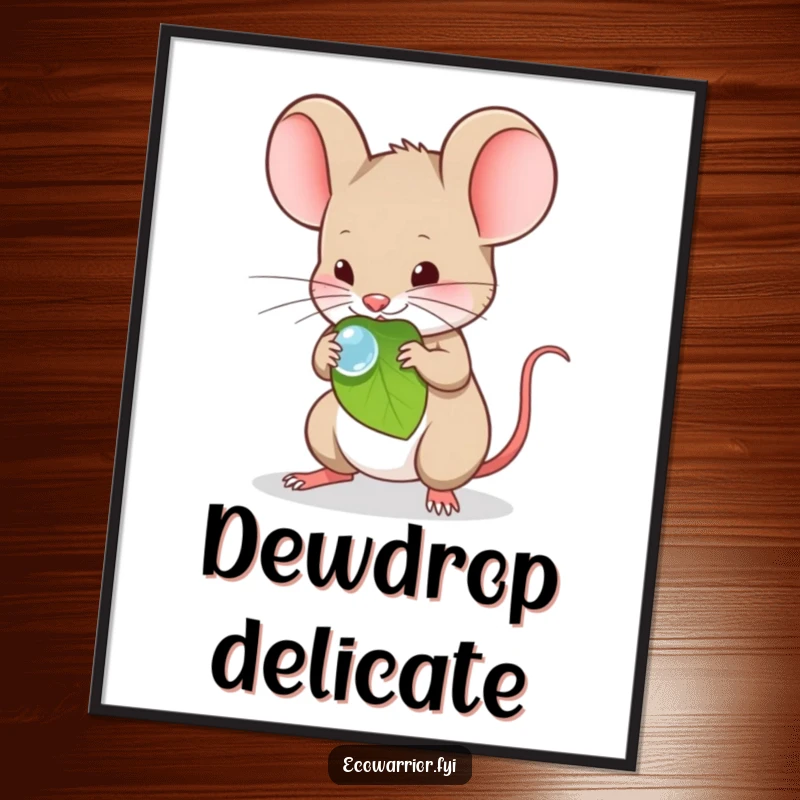 Funny Digital Art Print of a timid mouse carefully carrying a dewdrop on a leaf.