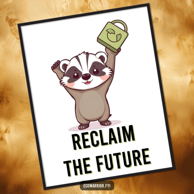 Funny badger digital art, determinedly holding a recycled item aloft, embodying environmental strength and action.