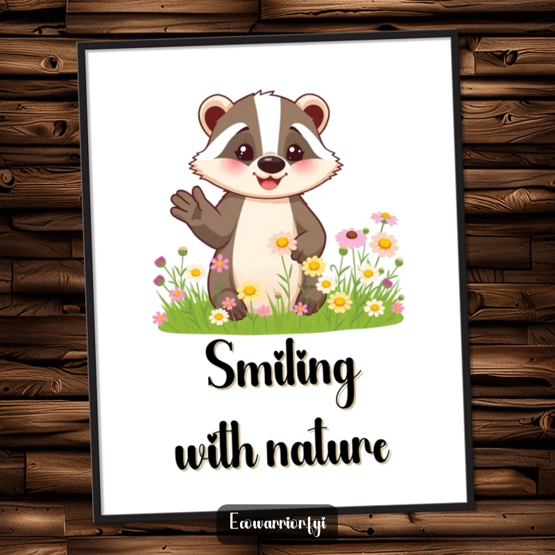 Funny digital art print of a friendly badger smiling and gesturing to wildflowers, ready for instant download.