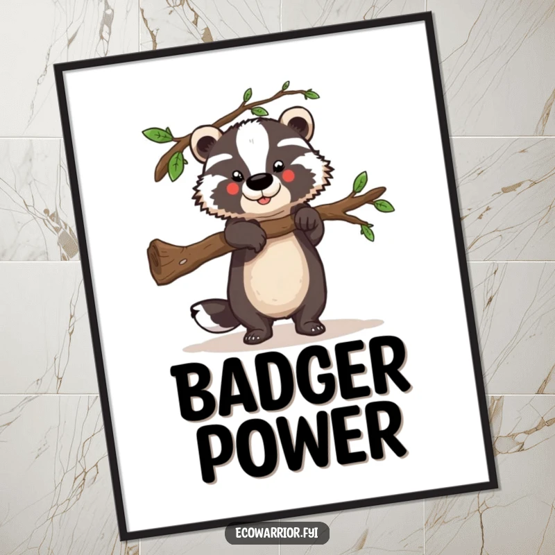 Funny digital art print of a strong badger character lifting a fallen branch, offering strength and helpful humor.