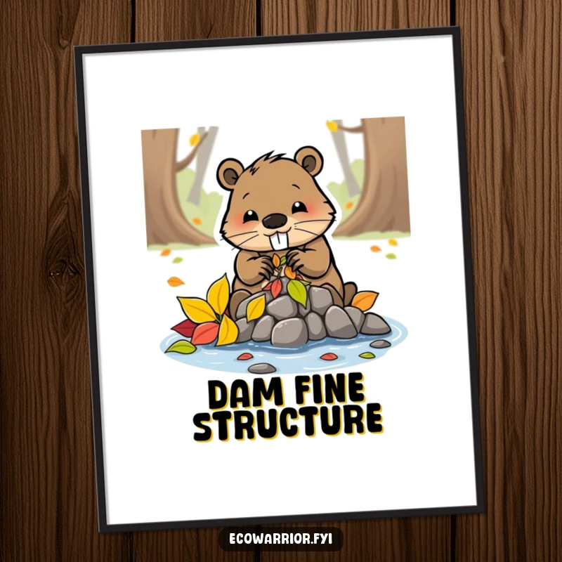 Funny beaver character diligently building a dam from colorful leaves, a digital art print symbolizing creativity.
