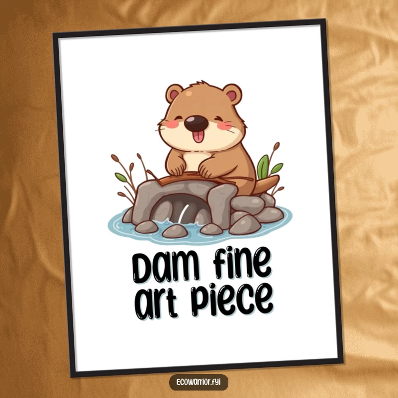Funny digital art print of a happy beaver constructing a small dam with twigs, capturing a moment of pure industrious joy.