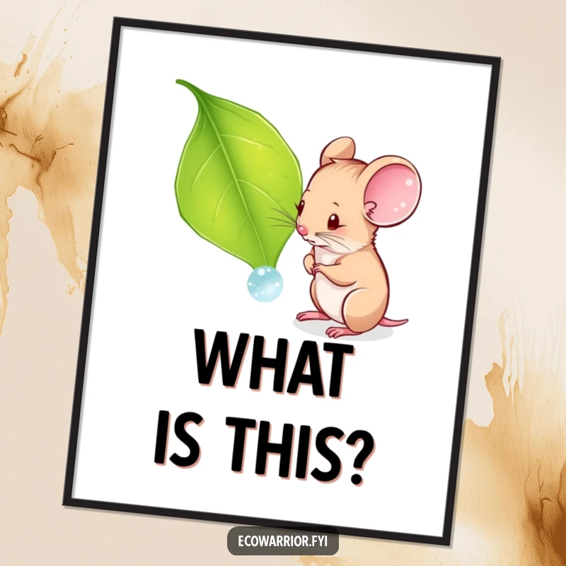 Funny digital art print of a curious mouse examining a dewdrop on a leaf, perfect for printable, charming nature decor.