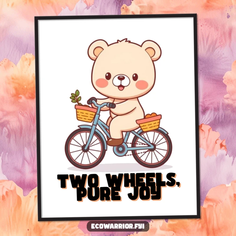 Funny Digital Art Print of a cheerful bear cub character joyfully riding a bicycle with a basket, offering instant happy and humorous wall decor.