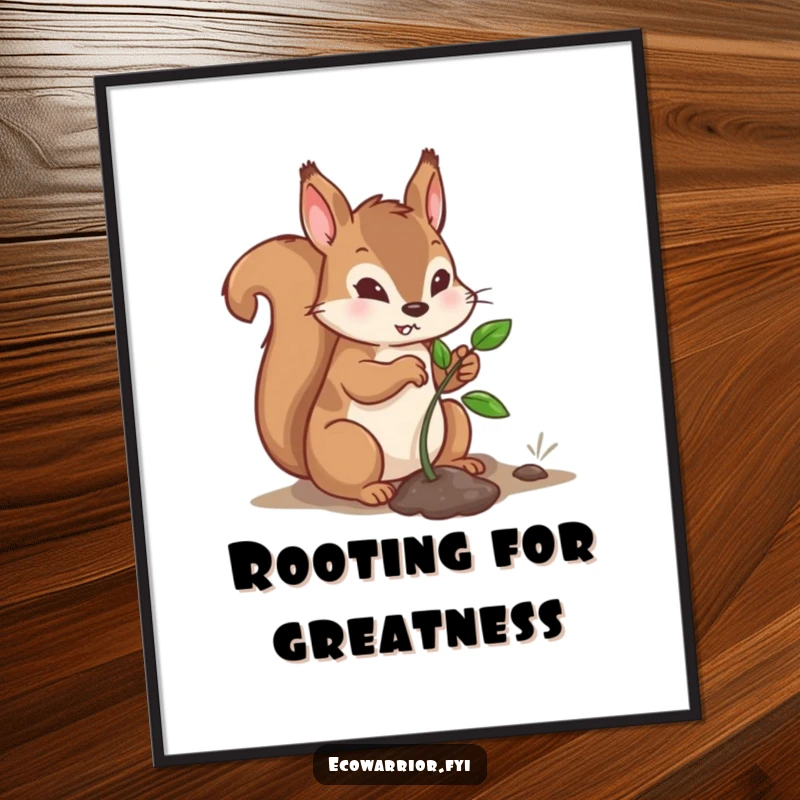Funny Digital Art Print of a determined squirrel character planting a tiny sapling, offering inspirational and humorous nature-themed wall decor.