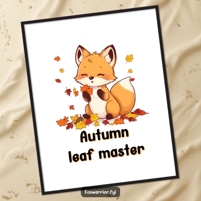 Funny Digital Art Print of a small fox joyfully collecting a pile of colorful autumn leaves.