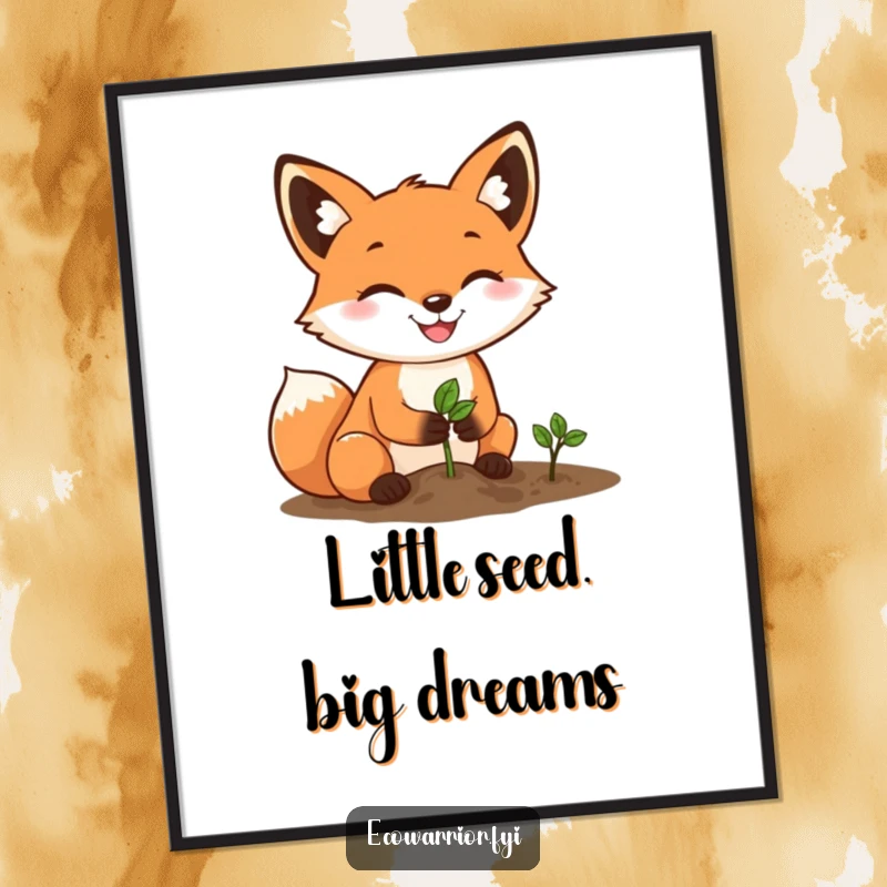 Funny Fox Gardener Digital Art Print: A determined fox with a grin plants a tiny seed, ready for instant decor.