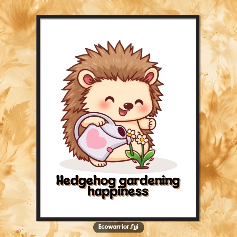 Funny digital art print of a cheerful hedgehog watering a small flower, capturing the joy of nurturing nature.