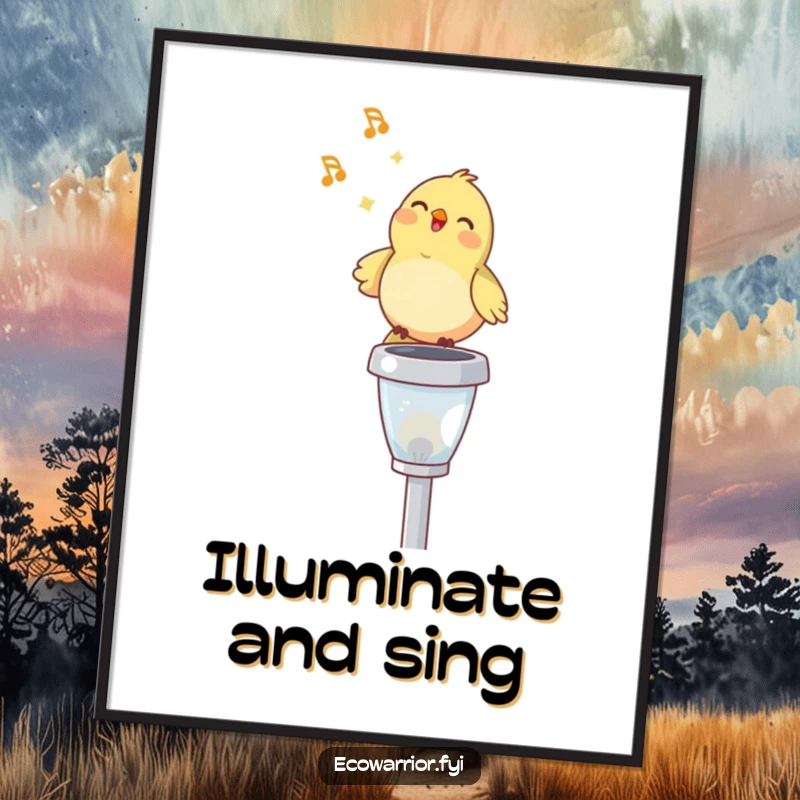 Funny digital art print of a happy bird singing on a solar garden light, offering instant decorative cheer and a humorous, musical theme.