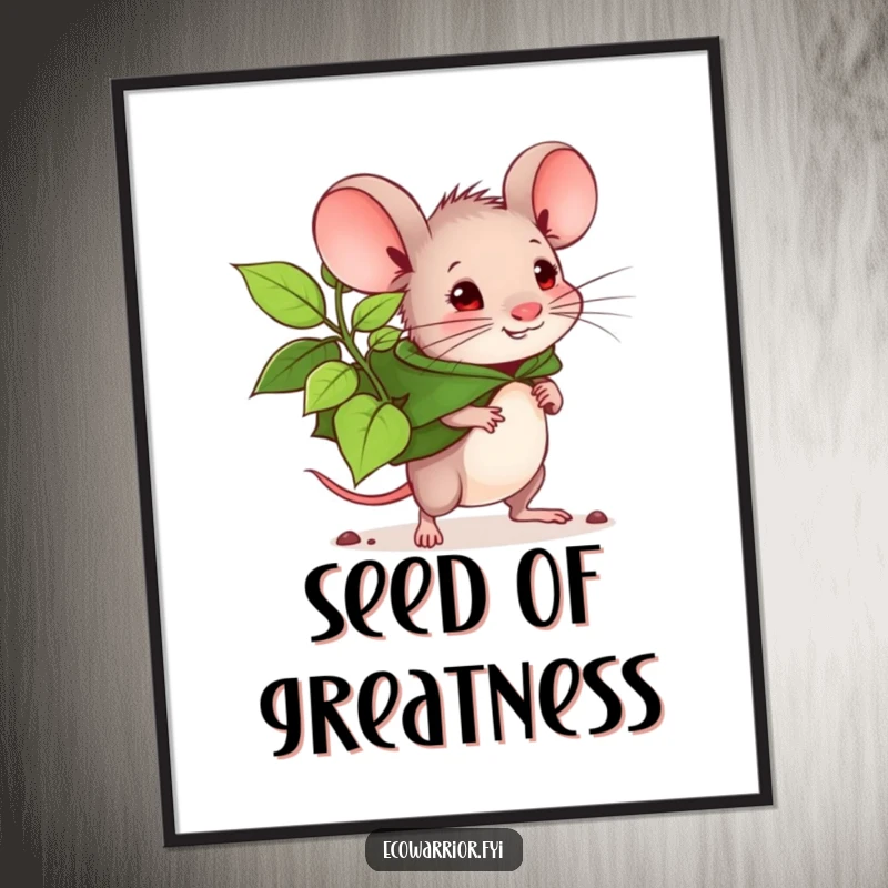 Funny mouse planter digital art print, determined mouse with leaf cape carrying a large seedling. Instant wall art for nature lovers. Great.