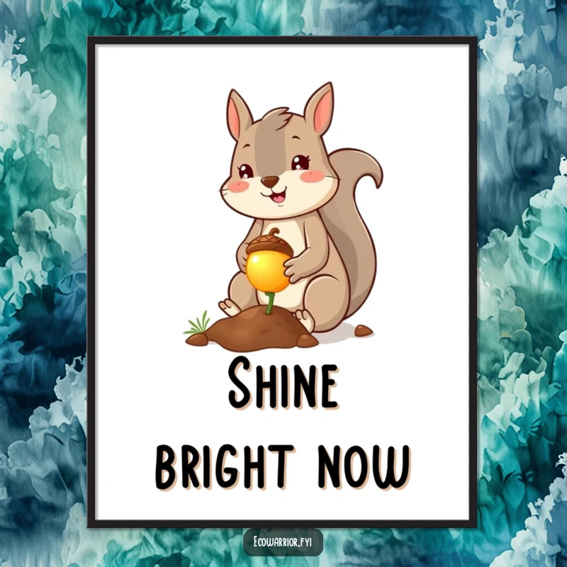 Funny squirrel planter digital art print, cheerful squirrel planting a tiny glowing acorn with a smile. Instant wall art with magical charm. Great.