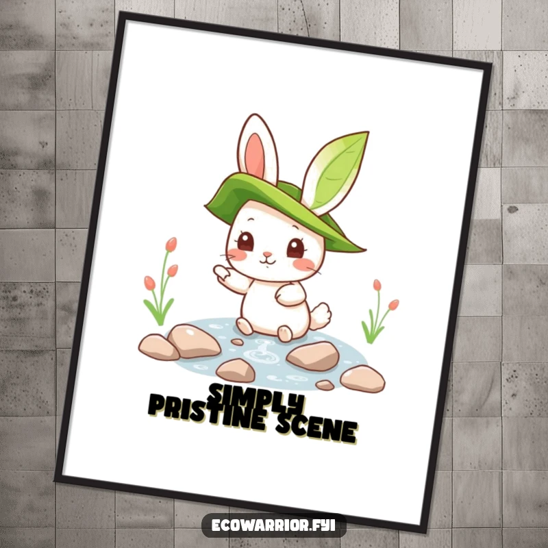 Funny rabbit character wearing a leaf hat, pointing at a clean stream, presented as a digital art print for humorous nature decor.