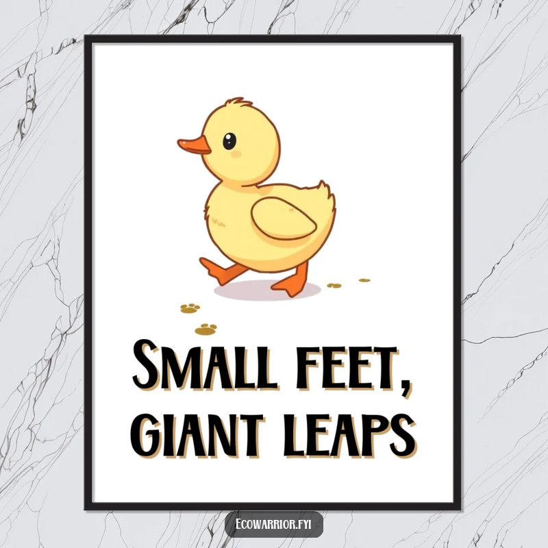 Funny Duckling Digital Art Print, a determined baby duckling following tiny footprints, humorous and cute artwork for instant download.