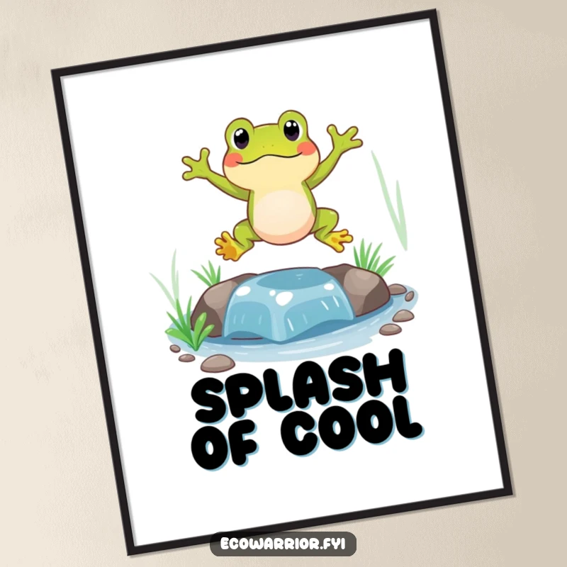 Funny Frog Digital Art Print of a happy frog leaping over a clean, sparkling stream, embodying pure playful joy.