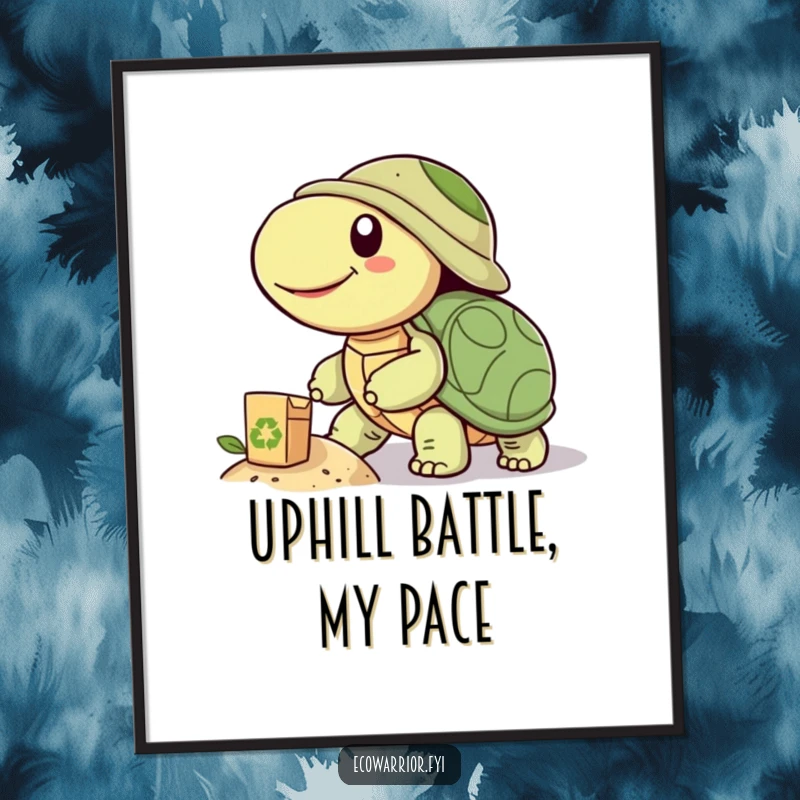 Funny digital art print of a smiling turtle pushing a recycled object uphill, offering instant decorative inspiration and a humorous, eco-conscious theme.