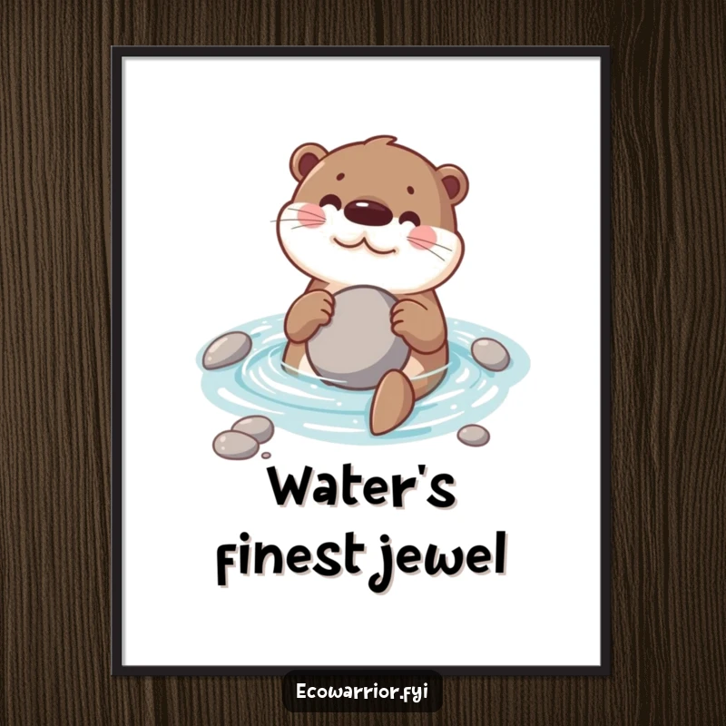 Funny digital art print of a happy otter swimming, holding a beloved stone, ready to download and display.