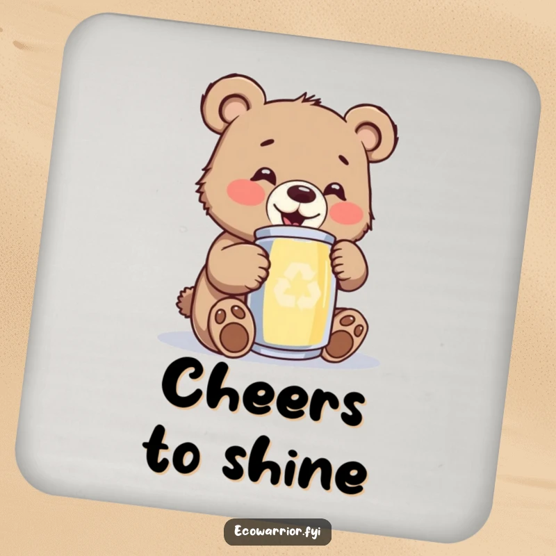 Funny bear cub drink coasters, showing a happy cub polishing a recycled can, adding eco-friendly cheer to decor.