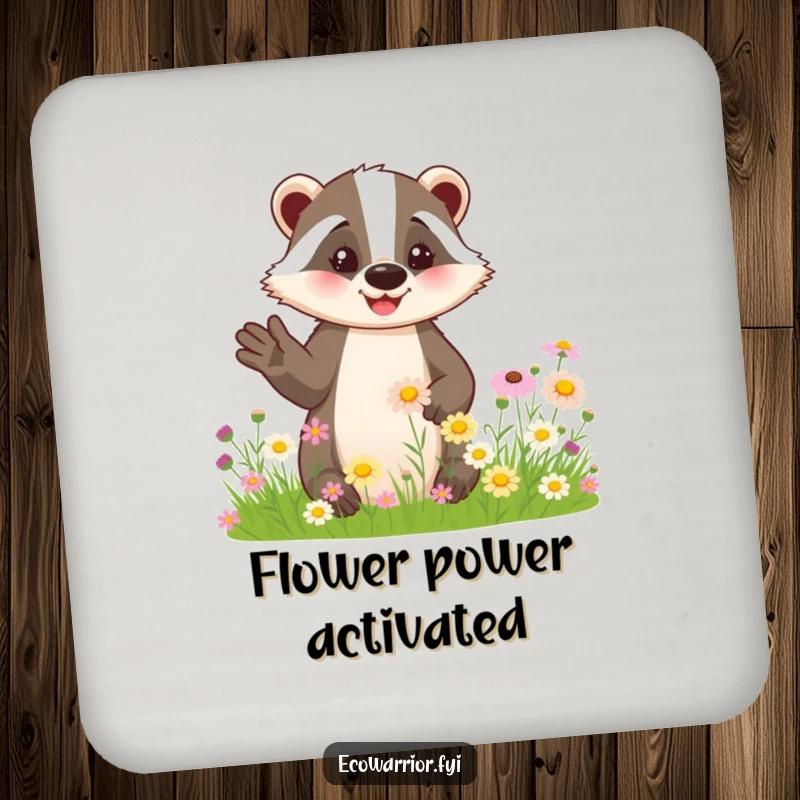 Funny drink coaster with a smiling badger pointing to wildflowers, protecting surfaces with charm.